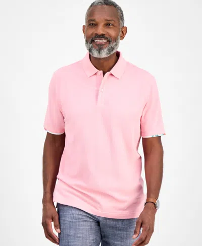 Club Room Men's Short Sleeve Printed-trim Woven Performance Polo Shirt, Exclusively At Macy's In Pink