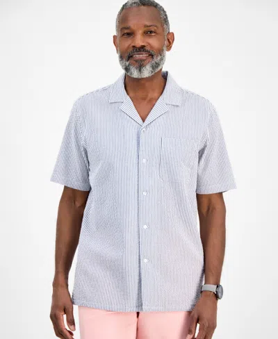Club Room Men's Short Sleeve Striped Seersucker Button-front Camp Shirt, Exclusively At Macy's In Blue