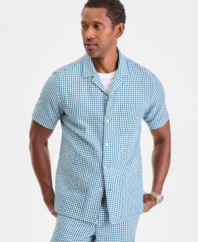 Club Room Men's Short Sleeve Striped Seersucker Button-front Camp Shirt, Exclusively At Macy's In Blue