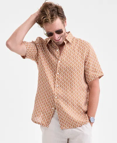 Club Room Men's Short-sleeve Tonelle Geo-print Linen Shirt, Macy's Exclusive In Brown