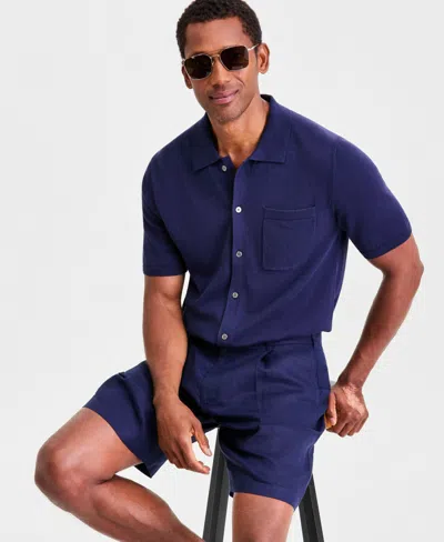 Club Room Men's Short-sleeve Linen And Cotton Button Sweater Polo Shirt, Macy's Exclusive In Blue