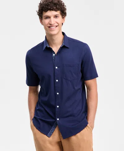 Club Room Men's Solid Short-sleeve Button-up Knit Shirt, Macy's Exclusive In Blue