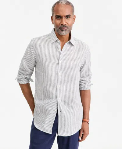 Club Room Men's Stripe Linen Button-up Shirt, Macy's Exclusive In Winter Ivory