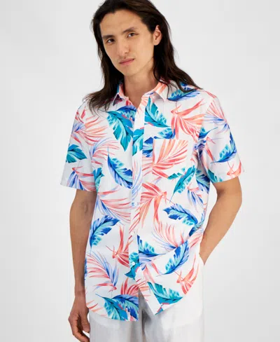 Club Room Men's Summer Leaf Regular-fit Stretch Tropical-print Button-down Poplin Shirt, Created For Macy's In Bright White