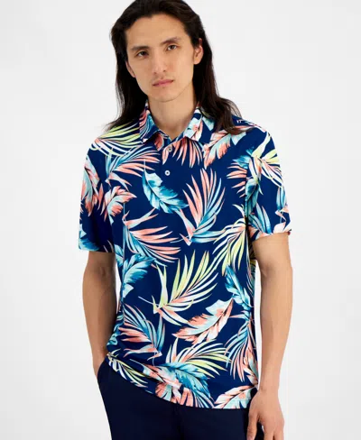 Club Room Men's Summer Leaf Regular-fit Tropical-print Performance Tech Polo Shirt, Created For Macy's In Navy Crush