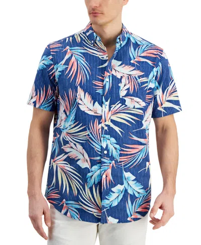 Club Room Men's Summer Tropical Leaf Patterned Short-sleeve Seersucker Shirt, Created For Macy's In Navy Crush