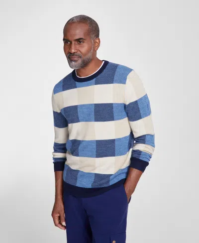 Club Room Men's Textured Check Merino Crewneck Sweater, Created For Macy's In Neutral Blue