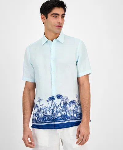 Club Room Men's Tropical Sunset Regular-fit Printed Button-down Linen Shirt, Exclusively At Macy's In Aqua Whisp