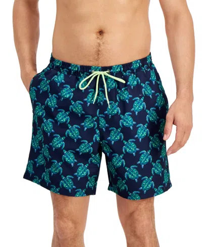 Club Room Men's Turtle-print Quick-dry 7" Swim Trunks, Created For Macy's In Navy Blue