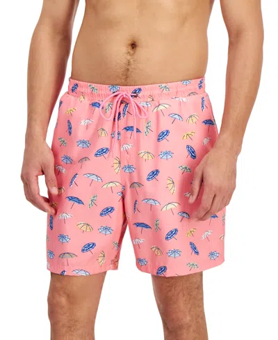 Club Room Men's Umbrella Rain Printed Quick-dry 7" Swim Trunks, Created For Macy's In Bubblegum Pink