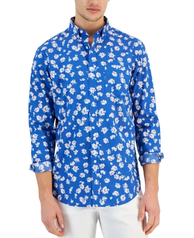 Club Room Men's Vinta Floral Poplin Long Sleeve Button-down Shirt, Created For Macy's In Laser Blue