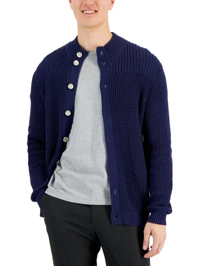 Club Room Mens Chunky Waffle Knit Cardigan Sweater In Blue