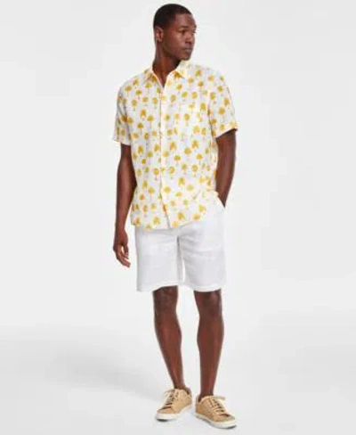 Club Room Mens Morocco Regular Fit Palm Tree Print Button Down Linen Shirt Regular Fit Pleated 9 Linen Shorts  In Safari