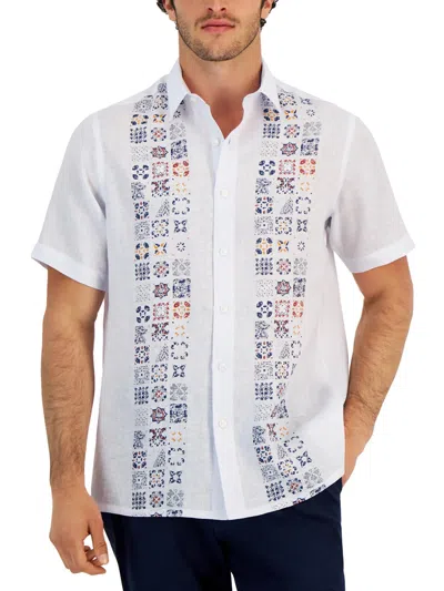 Club Room Mens Printed Linen Button-down Shirt In White