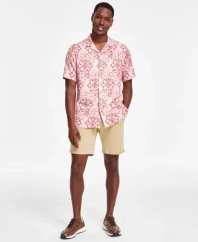 Club Room Mens Short Sleeve Medallion Silk Shirt 4 Way Stretch Shorts Created For Macys In Peony Cupcake