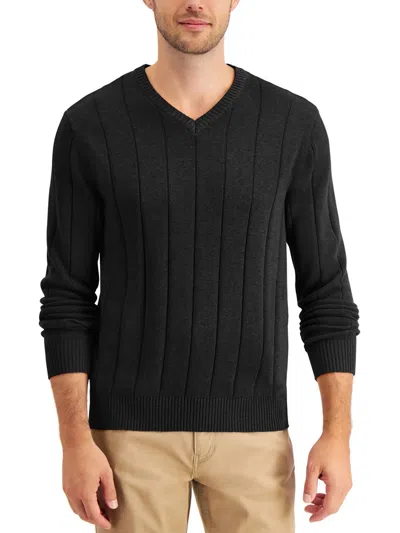 Club Room Men's Drop-needle V-neck Cotton Sweater, Created For Macy's In Deep Black