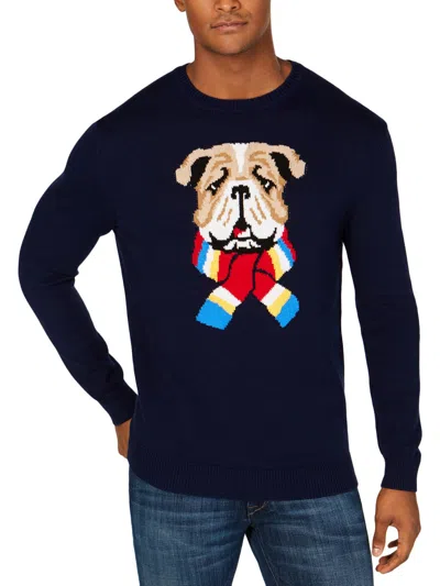 Club Room Scarf Bulldog Mens Cotton Crew Neck Pullover Sweater In Blue