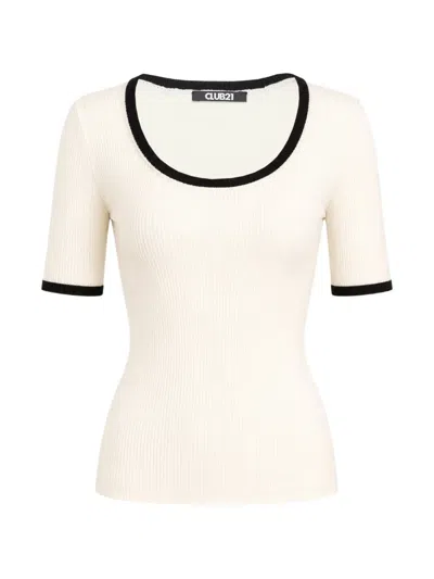 Club21 Collection Genevieve Ribbed-knit Short-sleeve Top In Neutral