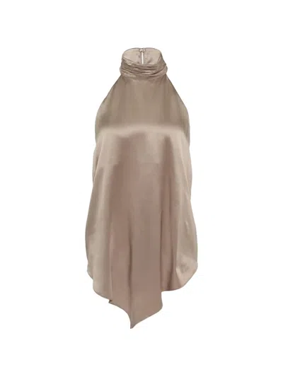 Club21 Collection Silk Satin Marina Woven Top In Brown