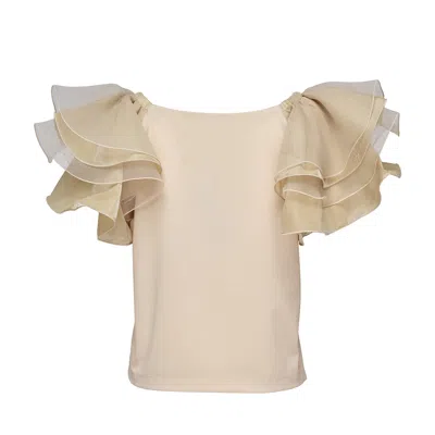 Club21 Collection Triacetate Satin Knit Frill Top In Neutral