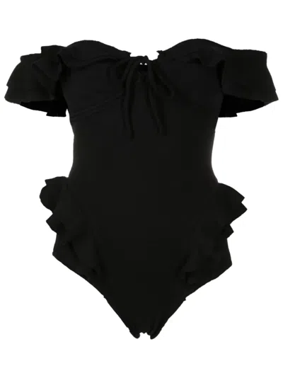 Clube Bossa Off-shoulder Ruffled Swimsuit In Black