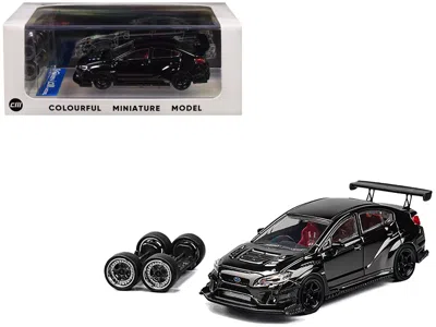Cm Models Subaru Vab Wrx S4 Widebody Black Metallic With Red Interior With Extra Wheels 1/64 Diecast Model Car