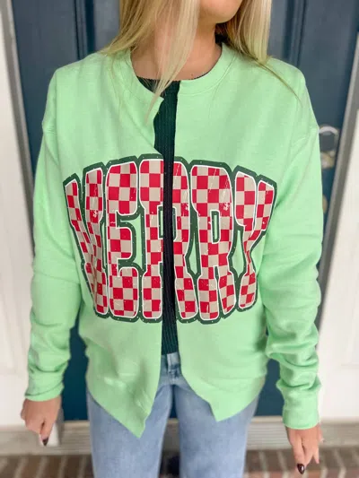 Cmd Retro Merry Checkered Cardi Sweatshirt In Neon Mint In Green