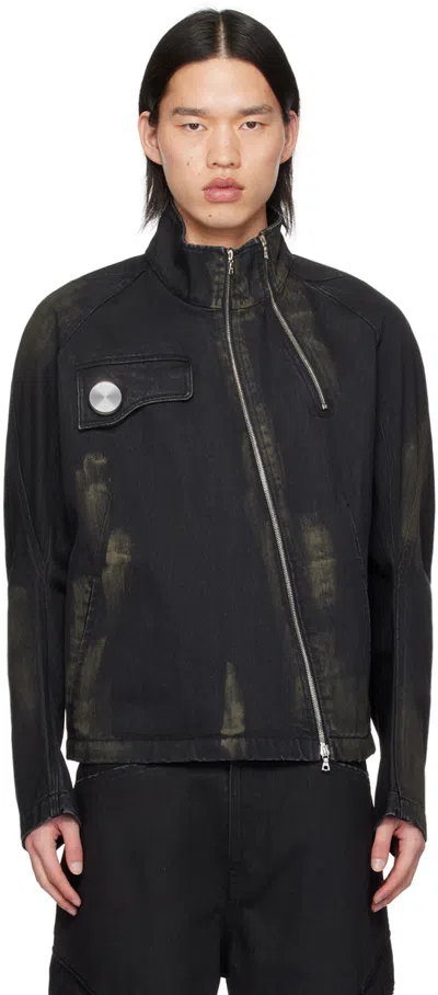 Cmmawear Black Articulated Sleeve Denim Jacket In Black Denim Mud Wash