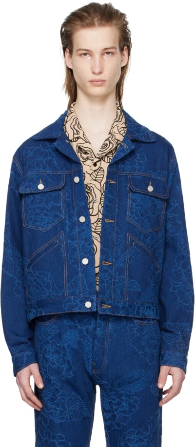 Cmmn Swdn Indigo Harris Denim Jacket In Indigo Jacquard