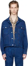 Cmmn Swdn Indigo Harris Denim Jacket In Indigo Jacquard