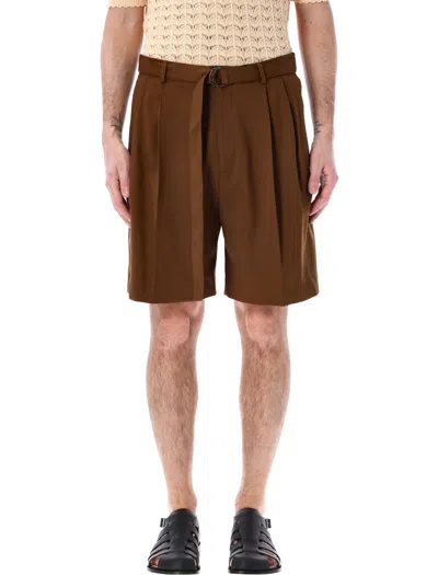 Cmmn Swdn Men's Brown Double Pleated Shorts With Metal Hardware, Ss24