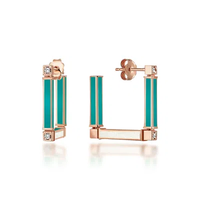 C|nd|n By Candan Balto Women's Rose Gold Megaron Silver & Nile Green Enamel Square Earrings
