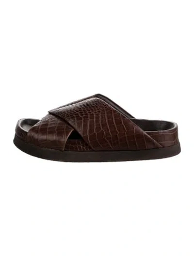 Pre-owned Co Alligator Animal Print Slides In Brown