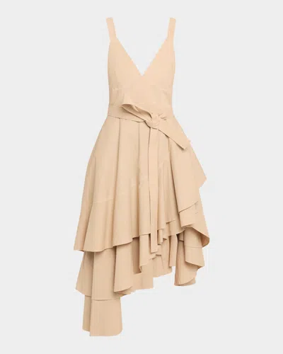 Co Asymmetric Tiered Ruffle Midi Tank Dress In Khaki