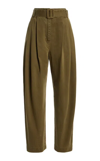 Co Tton Pleated Belted Pants In Green