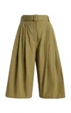 Co Tton Sateen Pleated Culotte Pants In Green