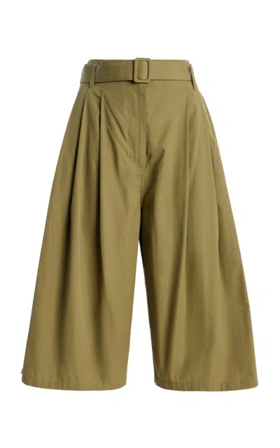 Co Tton Sateen Pleated Culotte Pants In Green