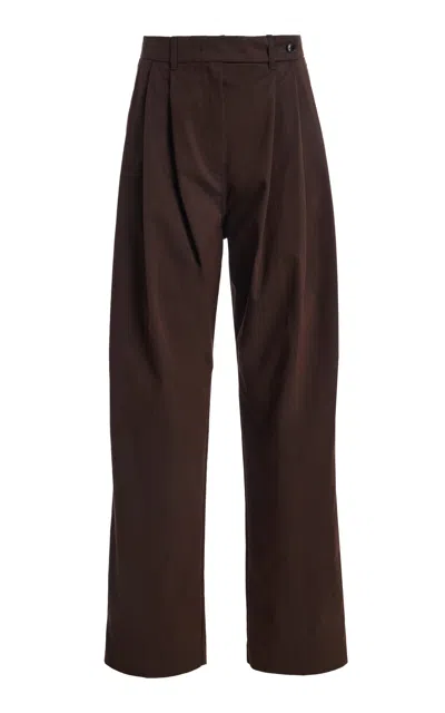 Co Tton Twill Wide Leg Pleated Pants In Brown