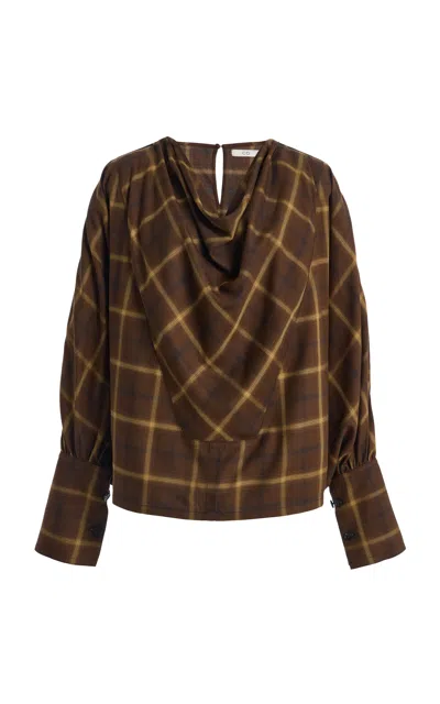 Co Draped Check Plaid Tunic Top In Brown