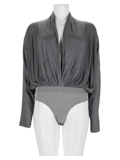 Co Draped Grey V-neck Visse-blend Bodysuit In Gray
