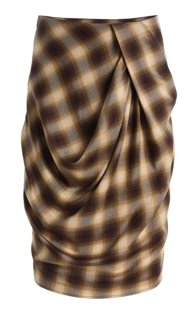 Co Draped Tencel Plaid Skirt In Brown