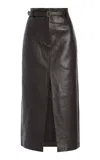 Co Leather Belted Front Split Midi Skirt In Brown