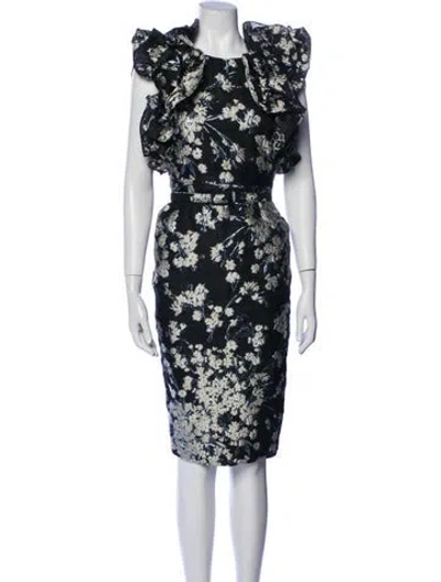 Pre-owned Co Floral Print Midi Length Dress In Black