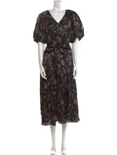 Pre-owned Co Floral Print Midi Length Dress In Brown