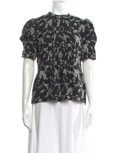 Pre-owned Co Floral Print Mock Neck Blouse In Black