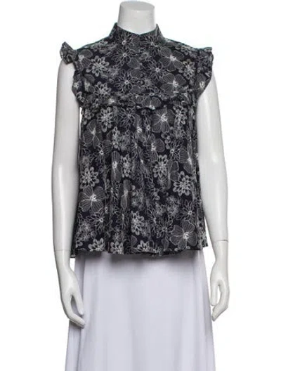 Pre-owned Co Floral Print Mock Neck Blouse In Blue