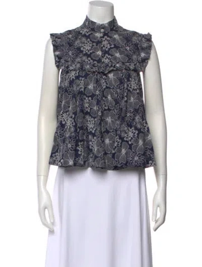 Pre-owned Co Floral Print Mock Neck Top In Blue