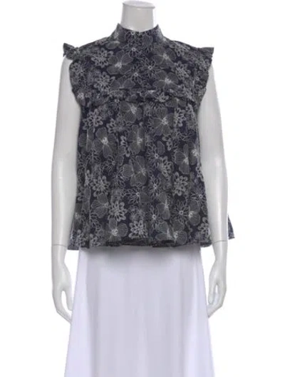 Pre-owned Co Floral Print Mock Neck Top In Blue