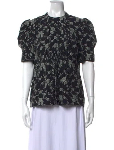 Pre-owned Co Floral Print Short Sleeve Blouse In Black