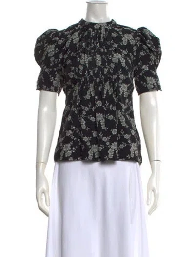 Pre-owned Co Floral Print Short Sleeve Blouse In Black